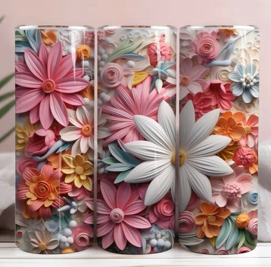 3D Pink And White Flowers Tumbler